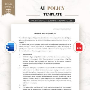 Puede incluir: Un documento titulado AI POLICY TEMPLATE con el subtítulo PROFESSIONAL EDITABLE READY TO USE. El texto incluye una política de inteligencia artificial con secciones de Introduction, Purpose y Scope, con iconos de Word y PDF.