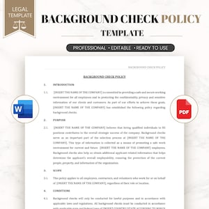 Può includere: Un modello legale intitolato Background Check Policy Template con sezioni per introduzione, scopo, ambito e condizioni. Il documento include segnaposto e icone per i formati di file Word e PDF.