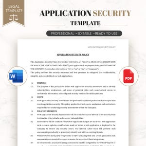 Puede incluir: Un documento de Application Security Template con un encabezado que muestra el texto Application Security Template y Professional Editable Ready to Use. El documento incluye secciones para Purpose, Scope y Policy Statements en texto negro.