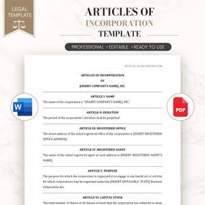 Articles of Incorporation Template | USA Corporation Formation Document | Business Incorporation Legal Form | Editable Word PDF