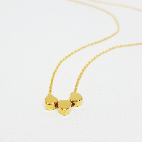 Tiny Hearts Charm Necklace Gold Heart Necklace Small Heart Etsy