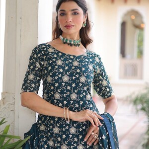 Premium Faux Georgette Sequins Embroidered Kurti–Sharara Set with Dupatta