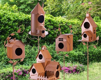 Rustic Metal Birdhouse Garden Stake  Iron Bird Cage Statue  Outdoor Yard Lawn Decor  Vintage Flower Plant Stand with Vine Design