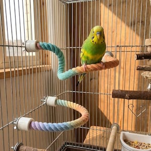 Op de afbeelding: Een groene en gele parkiet zit op een kleurrijke touwzitstok in een vogelkooi. De zitstok is gemaakt van gedraaid touw in regenboogkleuren. De kooi is van metaal en heeft een houten achtergrond.