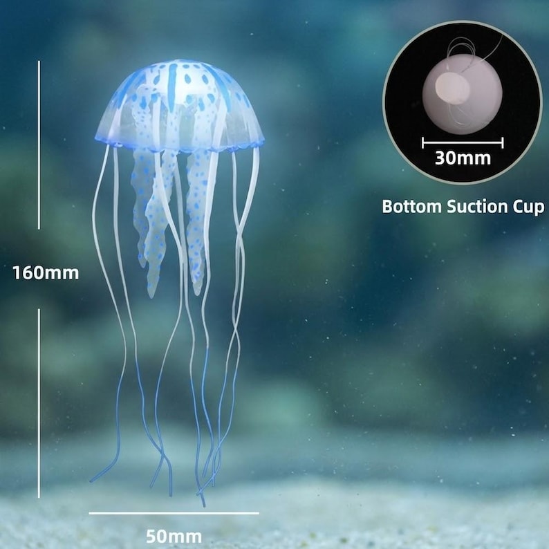 Pu&ograve; includere: Una medusa artificiale blu e bianca, alta 16 cm e larga 5 cm, con lunghi tentacoli. La medusa ha un cappuccio traslucido con macchie e strisce blu. &Egrave; inclusa una ventosa da 30 mm. Il testo "Bottom Suction Cup" &egrave; visibile.