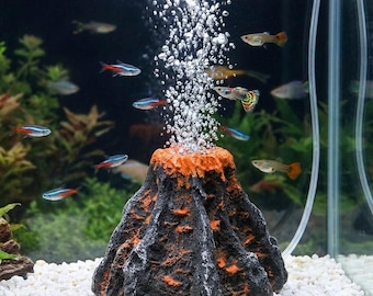 Ornamento realistico a forma di vulcano in resina per acquario, con diffusore di ossigeno, pietra porosa atossica per paesaggio sottomarino, sicuro per pesci Betta e pesci rossi.