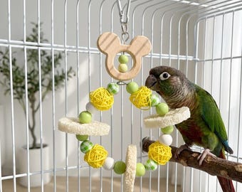 Natural Wood Bird Wreath Swing, Hanging Parrot Chew Toy, Cage Enrichment Ring, Wooden Bird Perch Toy for Parakeet Cockatiel
