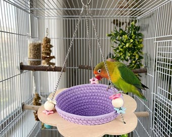Nido colgante de madera para loros, plataforma con percha para jaula de pájaros con campanillas, cama acogedora para periquitos, cotorras y agapornis.