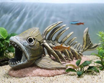 Fish Skeleton Aquarium Cave, Resin Fish Hideout Ornament, Fish Tank Decoration, Underwater Shelter & Aquascape Decor