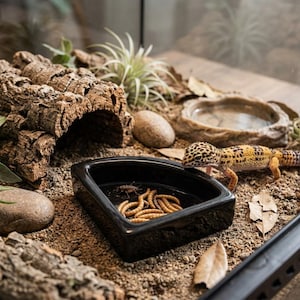 Op de afbeelding: Een zwarte, driehoekige keramische voerbak gevuld met meelwormen en een krekel, geplaatst in een terrarium naast een geel met zwart gevlekte luipaardgekko, een stuk kurkschors, een kleine steen en een ondiepe waterbak.
