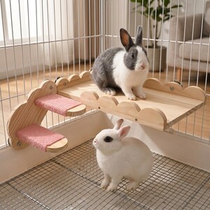 Wooden Rabbit Cage Platform with 2 Step Ladder, Elevated Bunny Shelf, Small Pet Cage Furniture for Rabbits Guinea Pigs Chinchillas