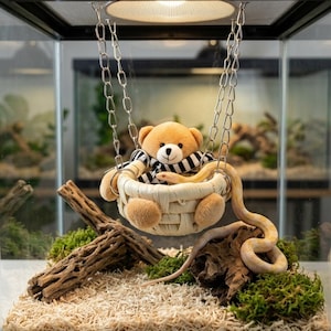 May include: A light brown plush teddy bear wearing a black and white striped scarf sits inside a small, round, woven basket swing suspended by silver metal chains. A pale yellow snake is coiled around the basket and the teddy bear.