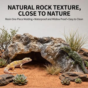 May include: A resin reptile hide with a natural rock texture, featuring the text NATURAL ROCK TEXTURE, CLOSE TO NATURE, Resin One-Piece Molding, Waterproof and Mildew Proof, Easy to Clean. A yellow spotted gecko and a green lizard are present.