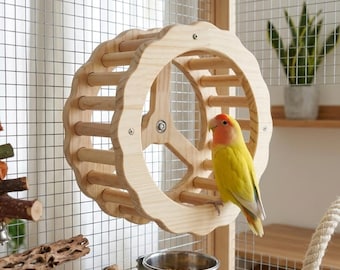 Wooden Parrot Exercise Wheel, Bird Climbing Running Wheel Toy, Natural Wood Cage Enrichment Toy for Parrots and Small Birds