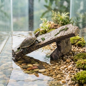 May include: A small turtle with a patterned brown shell and red markings on its head rests on a textured, stone-like basking platform. The platform is positioned over a shallow pool filled with smooth, light-colored pebbles and green moss.