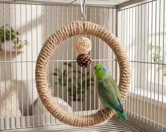 Natural Hemp Rope Parrot Swing Ring, Hanging Bird Perch Toy with Pine Cone & Rattan Ball, Cage Enrichment Swing for Small Birds
