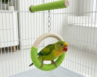 Wooden Parrot Ring Swing, Natural Bird Cage Hanging Toy, Colorful Rope Perch Swing for Parakeets Cockatiels and Small Birds