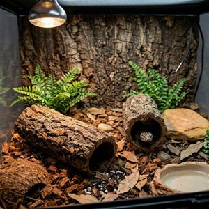 Könnte beinhalten: Ein Reptilienterrarium mit natürlicher Einrichtung, bestehend aus einer Korkrindenrückwand, zwei hohlen Baumstammverstecken, grünen Kunstfarnen, einem glatten beigen Stein, einer Wasserschale und einem Leopardgecko in einer der Röhren.
