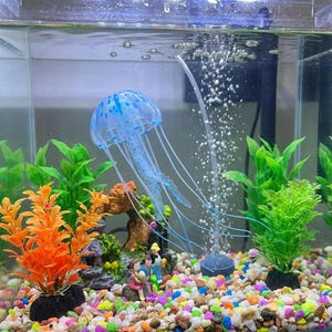Pu&ograve; includere: Scena di acquario con una decorazione di medusa blu a pois bianchi e lunghi tentacoli, insieme a varie piante artificiali colorate. La vasca ha una base di ghiaia e una piccola statuina di una coppia.