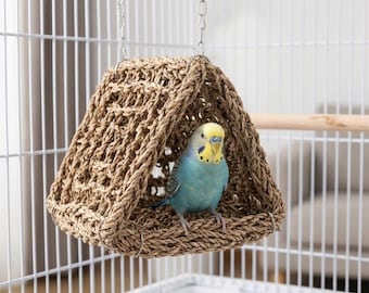 Natural Seagrass Bird Hut, Woven Parrot Triangle Nest, Hanging Bird Hideaway, Cage Enrichment Shelter for Small Birds