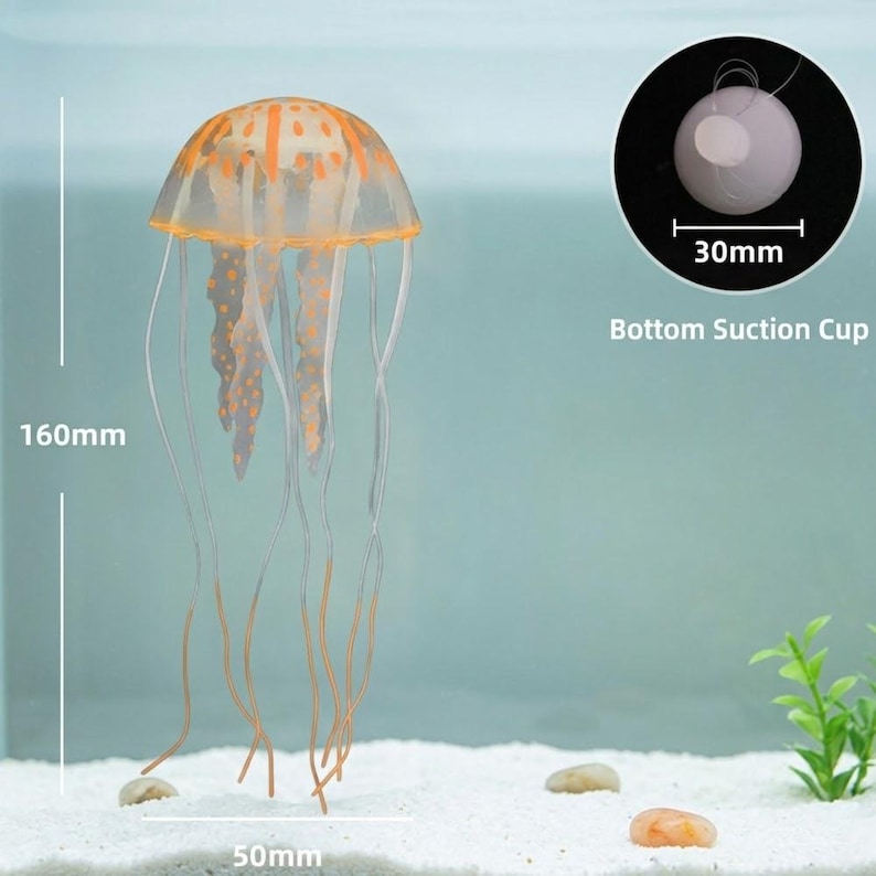Pu&ograve; includere: Una medusa decorativa, alta 16 cm e larga 5 cm, con un cappuccio a fantasia arancione e bianco e tentacoli pendenti. La medusa ha un corpo trasparente ed &egrave; progettata per l'uso in acquario. Include una ventosa inferiore da 30 mm.