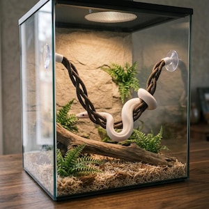 Könnte beinhalten: Ein Glasterrarium mit einer weißen Schlange, die auf einer braunen, geflochtenen Kletterranke ruht. Das Habitat verfügt über eine steintexturierte Rückwand, grüne Kunstfarne, ein Stück Treibholz und einen Boden aus hellen Holzspänen.