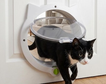 Porta para gatos com trava de 4 posições, em formato de gato, para portas internas e externas, feita de material resistente em ABS e PC, com ampla abertura de 21 cm, para entrada e saída seguras do seu pet.