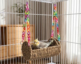 Woven Seagrass Bird Hammock, Hanging Parrot Basket Nest, Natural Bird Swing Bed, Cage Enrichment Perch for Parakeet Cockatiel Lovebird