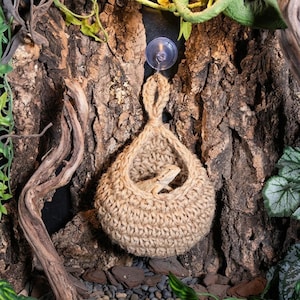 May include: A beige crocheted hanging hammock made of thick twine, featuring a loop at the top attached to a clear suction cup. A small, light brown bearded dragon lizard is resting inside the rounded, open-fronted woven structure.