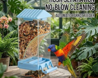 No-Mess Automatic Bird Feeder for Cage, Clear Acrylic Parrot Seed Dispenser, Anti-Splash Feeder for Cockatiel Budgie & Lovebird, Easy Clean