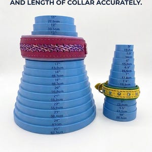 Op de afbeelding: Blauwe kraagmeetgereedschappen met afmetingen in inches en centimeters. Een roze en paarse hondenhalsband staat op de grotere tool en een gele en groene halsband op de kleinere tool. Tekst luidt: KAN ALLE DIKTE, BREEDTE EN LENGTE VAN DE KRAAG NAUWKEURIG METEN.
