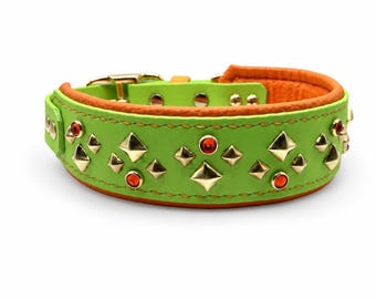 Coleira acolchoada para cães em BioThane com strass e estrelas – 3,8 cm de largura, à prova d'água, ferragens resistentes à ferrugem (PERSONALIZADA)