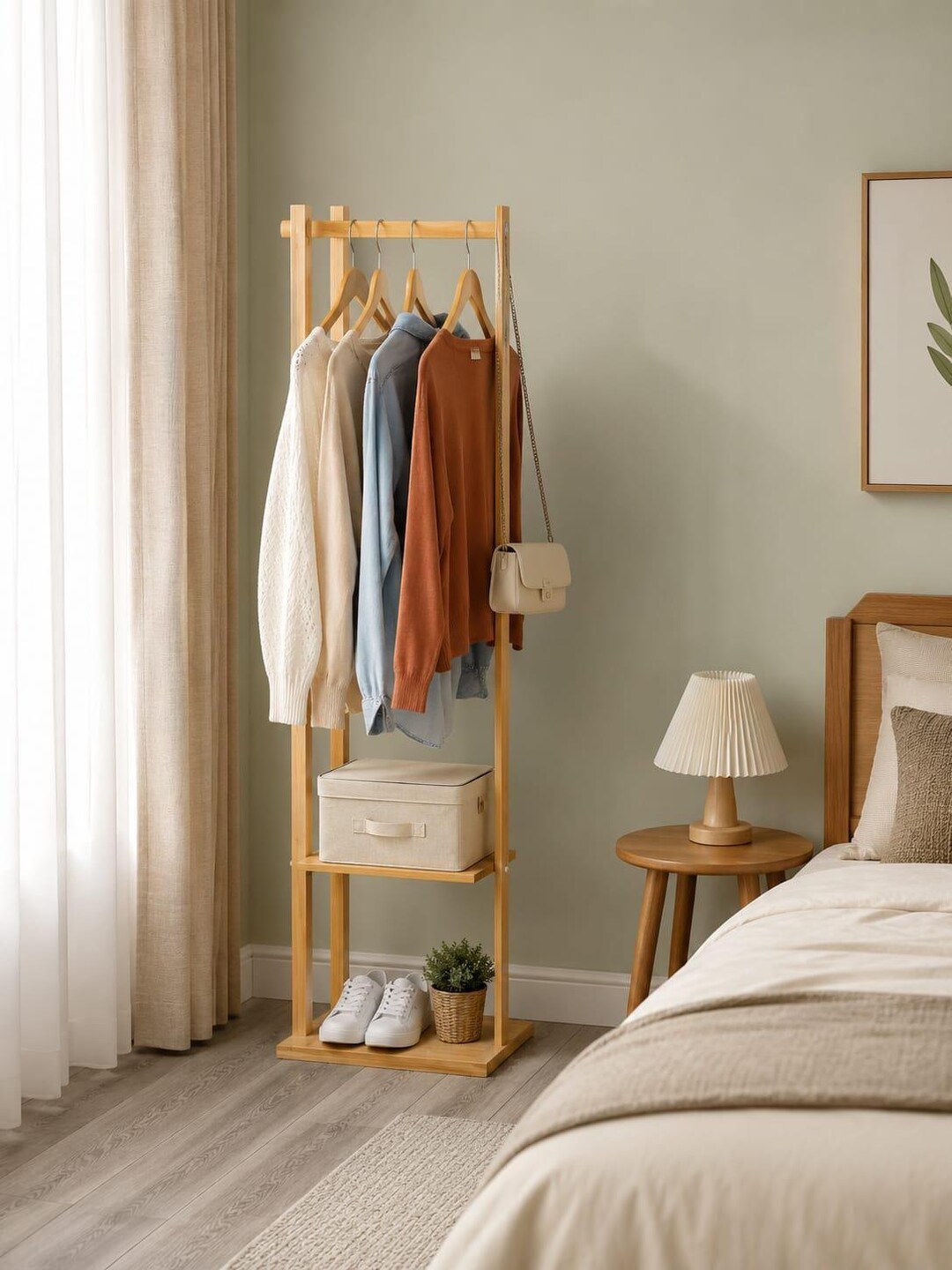 Bamboo Garment Rack With 2-tier Storage Shelves, Wooden Clothing Rack ...