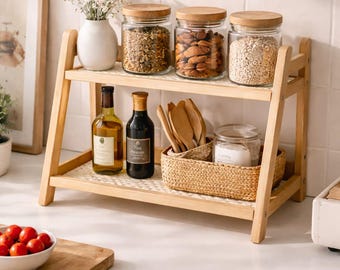 Organiseur d'étagères en bois de style bohème | Support à épices et rangement pour maquillage à 2 niveaux | Décoration rustique pour la cuisine et la vanité