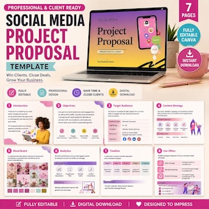 May include: A digital social media project proposal template featuring a laptop displaying a presentation slide with the text Project Proposal. The layout includes eight distinct pages covering introduction, objectives, target audience, content strategy, mood board, analytics, timeline, and offers, all presented in a professional, editable format.