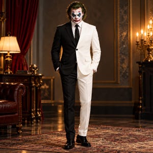 May include: A two-tone suit featuring a black right side and a white left side, worn with a white dress shirt and a black necktie. The suit jacket has a single button closure and notched lapels, paired with matching split-colored trousers.