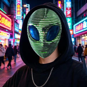 May include: A full-face alien mask covered in small, reflective green mirror tiles, featuring two large, smooth, dark blue oval eye lenses. The mask is worn with a black hooded sweatshirt and a thin silver-toned metal chain necklace.