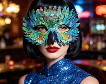 Máscara de pájaro de plumas hecha a mano, máscaras iridiscentes para Halloween, cosplay, carnaval, disfraces y eventos renacentistas y de hadas.