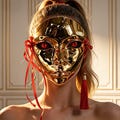 Shiny Gold Demon Full-Face Mask, Red Eye Masquerade Mask with Red Ribbons for Halloween, Cosplay, Balls & Gothic Events product logo