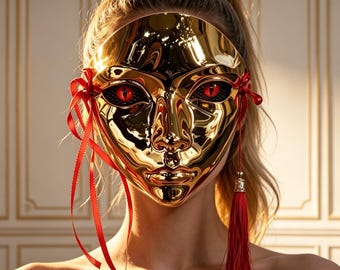 Máscara facial completa de demonio dorada brillante, máscara de mascarada con ojos rojos y cintas rojas para Halloween, cosplay, bailes y eventos góticos.