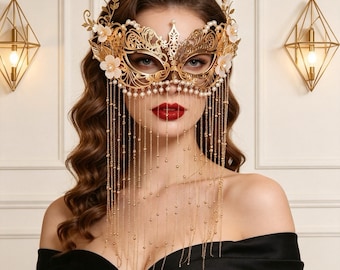Gold Masquerade Mask, Floral Pearl Chain Fringe, Venetian Style Face Mask  for Halloween  carnival Wedding Fairy Themed Party