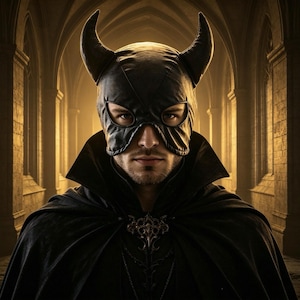 May include: A black leather mask featuring two prominent, curved horns and eye cutouts, worn with a dark, high-collared cape. The mask covers the upper face, while the cape is secured at the neck with a dark, ornate metal clasp and chain detail.