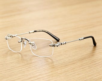 Gafas Y2K de titanio plateado con cruz — Gafas rectangulares sin montura estilo gótico retro (montura minimalista vintage) / Bloquean la luz azul / Regalo para ella