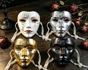 Gothic floral full-face mask with blood and tears effect, suitable for Halloween, Carnival,costume parties,and dark fantasy events.