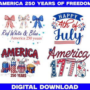 Könnte beinhalten: Ein digitaler Download mit patriotischen Designs zum 4. Juli und dem 250. Jahrestag Amerikas. Die Designs umfassen rot, weiß und blaue Schleifen, Feuerwerk und den Text "Happy 4th of July" und "America 1776".