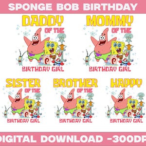 SpongeBob verjaardag png-bundel 5 ontwerpen feestshirt voor jongen en meisje, cartoon feestafbeeldingen, 300 dpi digitale download
