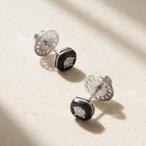 925 Sterling Silver Oui Diamond And Black Enamel Earrings, Tiny Matte Black Studs, Donut Stud Earring, Bezel Solitaire Stud Earring