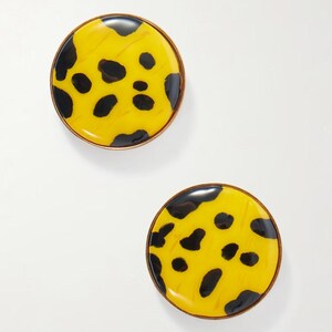 925 Sterling Silver Enamel And Brass Earrings, Leopard Acrylic Charm Earring, Round Earring, Button Stud Earring, Yellow Black Polka Earring