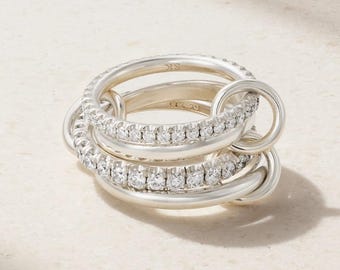 925 Sterling Silver Multi Band Ring, Diamond Interlocking Links, Chunky Stackable Band