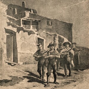 Noël en Espagne 1880s, Jules Worms, Antique Print, Christmas Street Serenade, Spanish Musicians Tarazona, Vintage Wall Art, Digital Download
